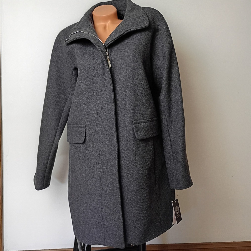 Vince Camuto Womens Charcoal Grey Wool Blend Asymmetrical Zip Coat L NWT